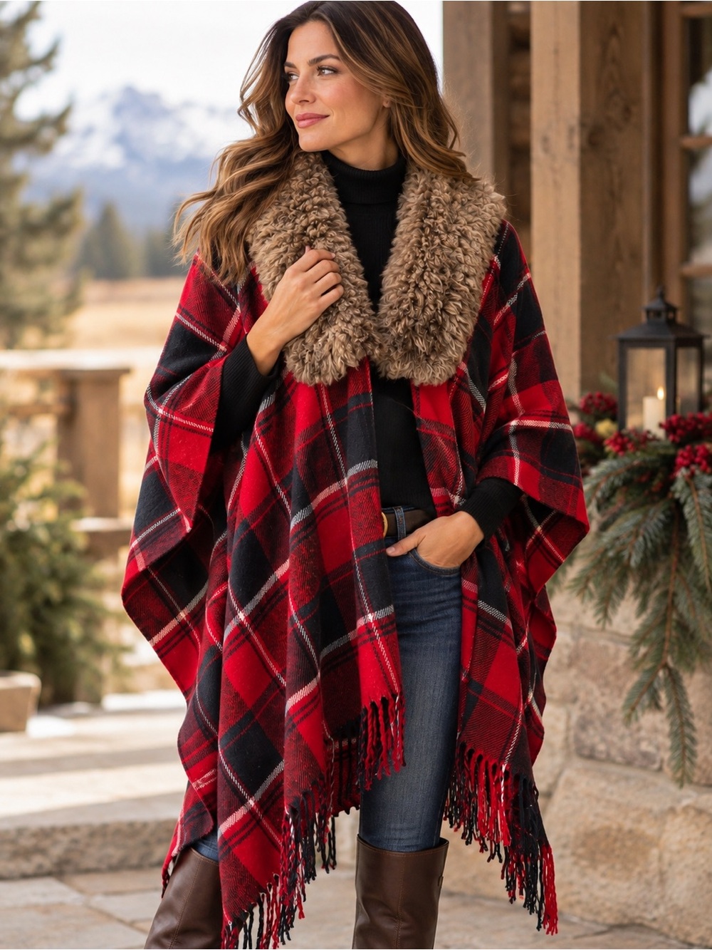 Wild Stitch Red Black Plaid Faux Fur Collar Poncho Wrap Fringe One Size
